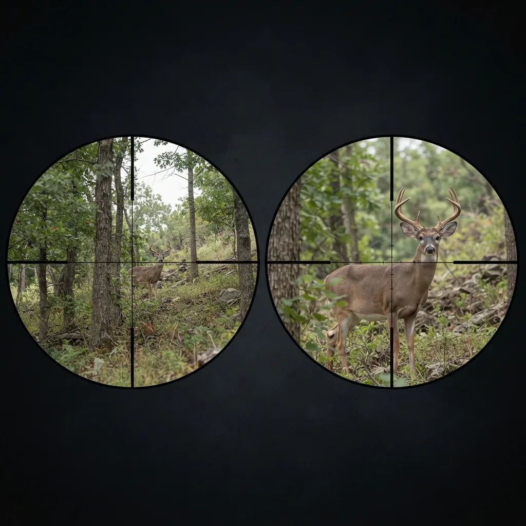 A comparison of scope magnification views, showing a distant target through a low-power and high-power lens.
