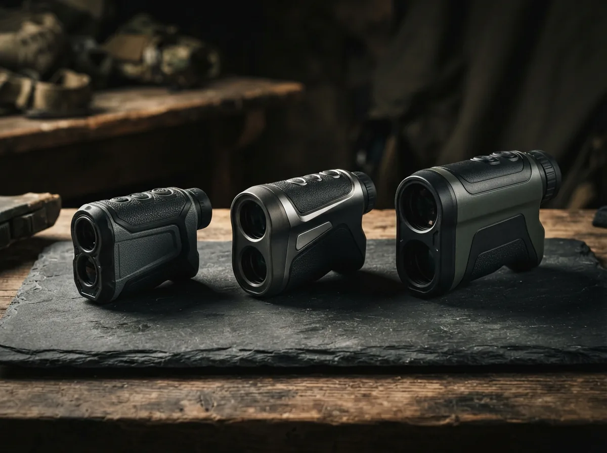 Three rangefinders of different sizes arranged side-by-side.