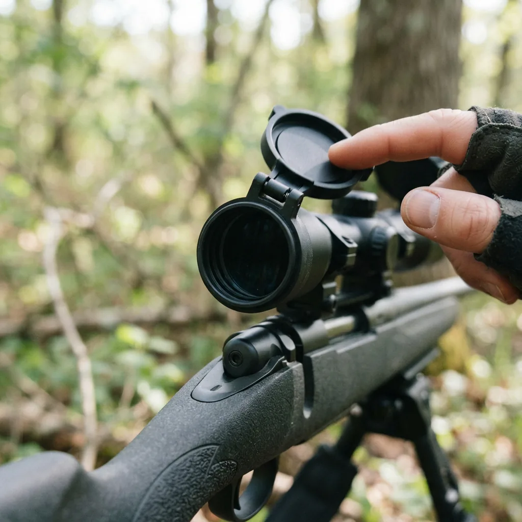 A hand flipping open the protective lens cap on the objective lens of the Simmons ProTarget riflescope.