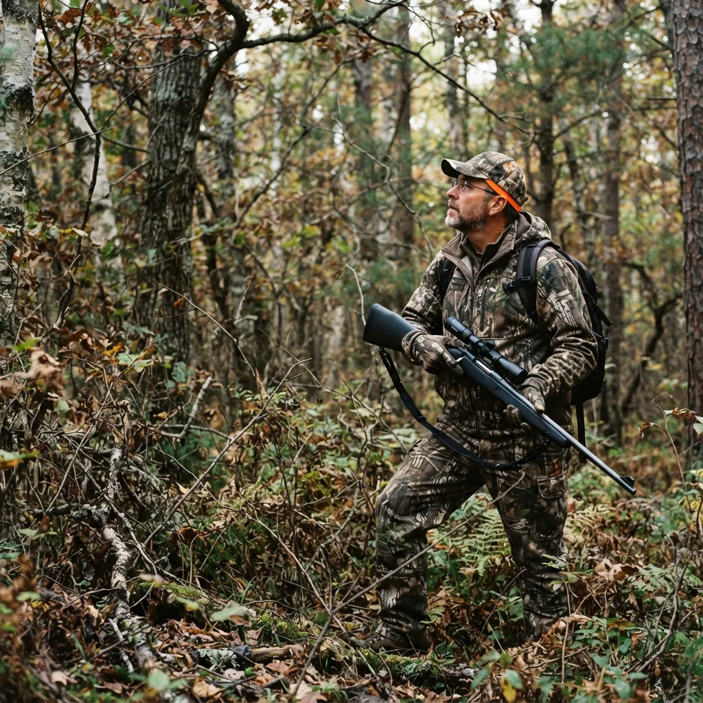 A hunter in camouflage using a rifle with the Simmons Pro Rimfire scope to look through a wooded area.