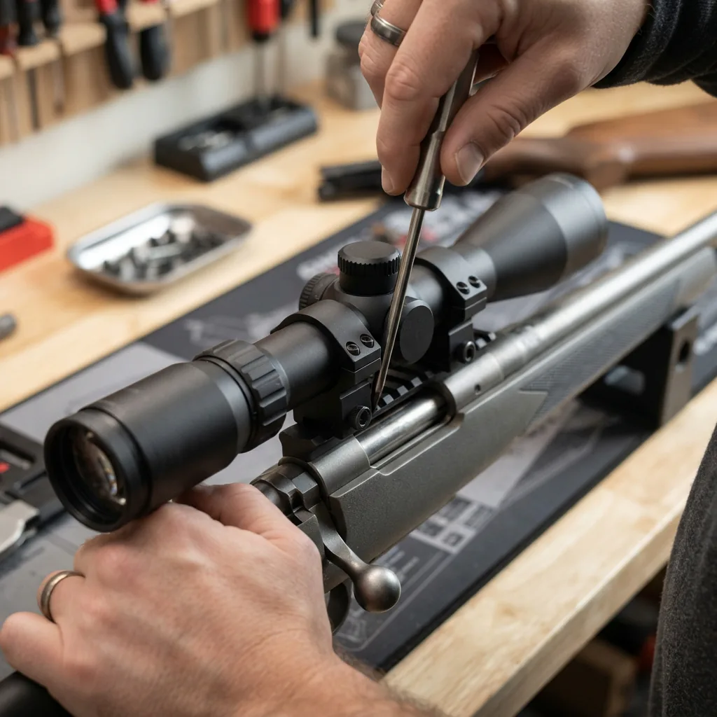 Hands using a screwdriver to tighten the rings mounting a Simmons riflescope onto a rifle receiver.