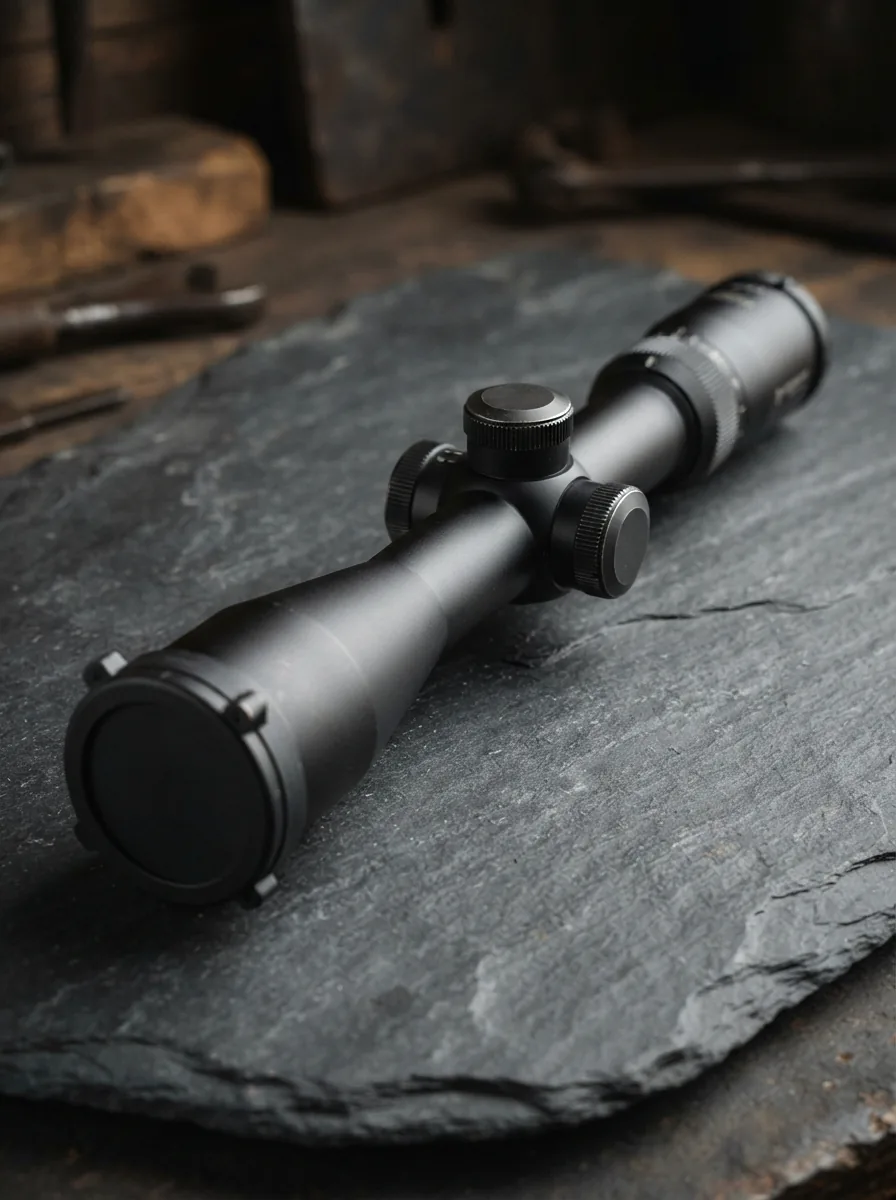 The Simmons Pro Hunter 3-9x50mm Riflescope presented at an angle on a dark, textured surface, showing its full length and design.