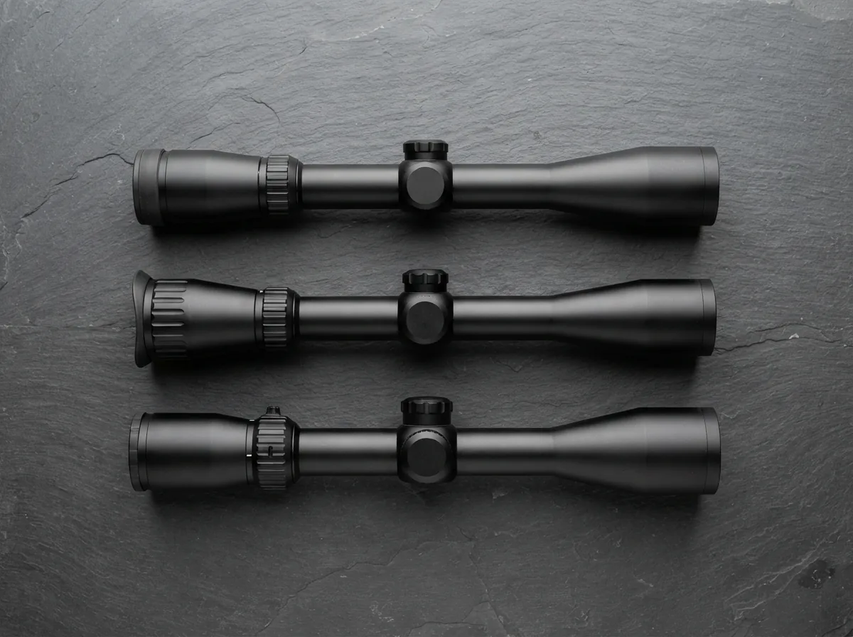 An array of three distinct Simmons 4-12x40mm rifle scopes, each with a subtle visual difference in design.