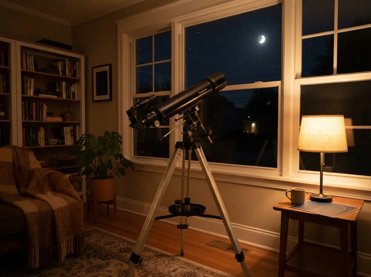 The Simmons Model 6310 50mm Refractor Telescope fully assembled on its tripod in a living room.