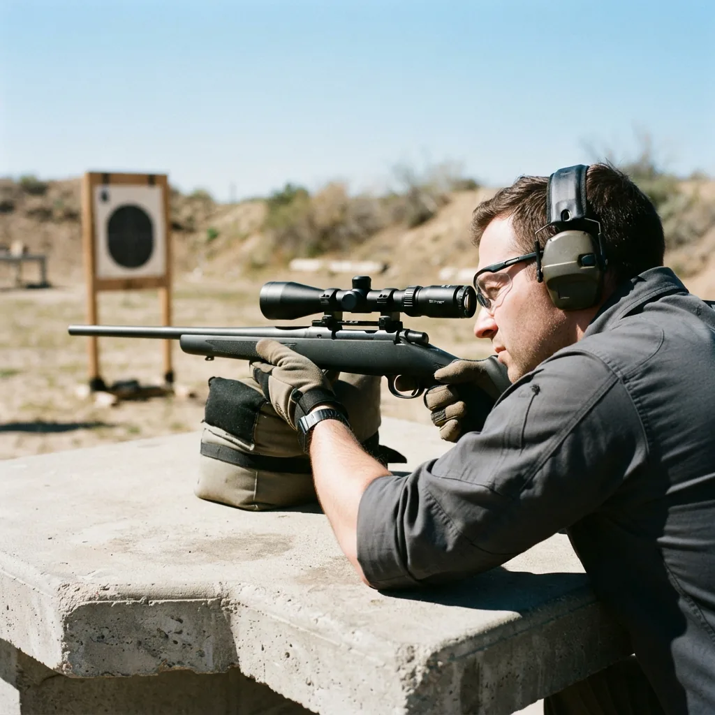 A person at a shooting range taking aim with a rifle fitted with the Simmons ProTarget scope at a paper target.