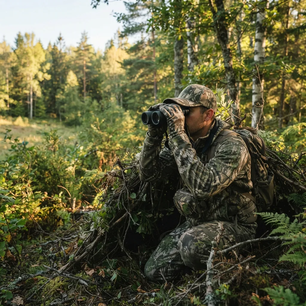 Hunter using Simmons binoculars to scan a wooded area for deer during early morning light.