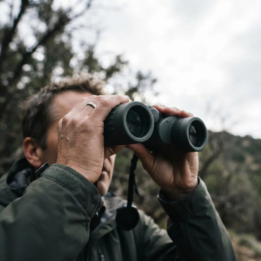 The PRO Hunter 10X50MM binocular held up against a bright, overcast sky.