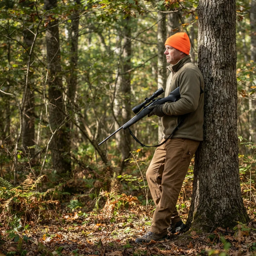 A hunter in a forest using a Simmons ProTarget scope