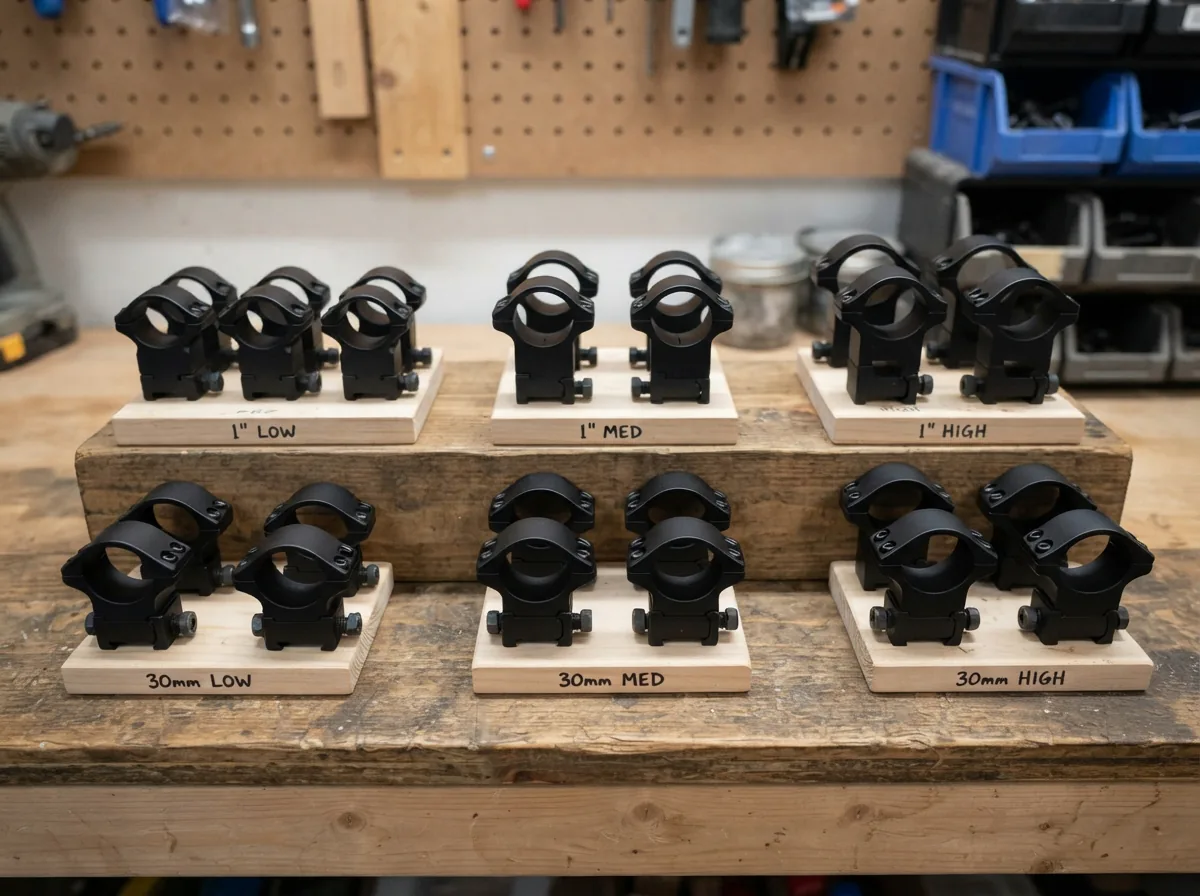 An organized display of various Simmons scope rings categorized by diameter and height.