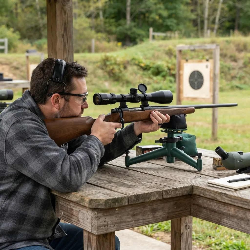 A shooter at a range, looking through the mounted Simmons scope at a paper target.