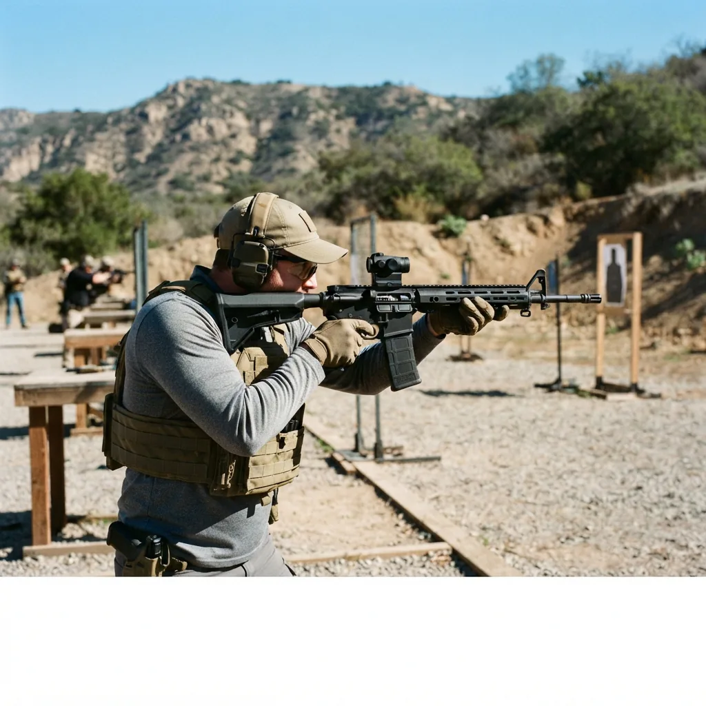 A shooter at a range, using a rifle equipped with the Simmons red dot sight to aim at a target.