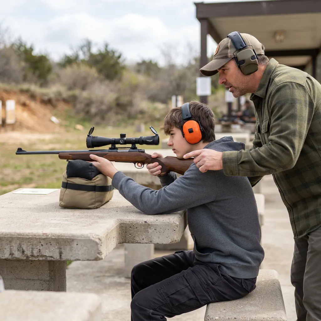 An adult and a younger shooter looking through the Simmons Pro Rimfire scope on a safe, supervised range.