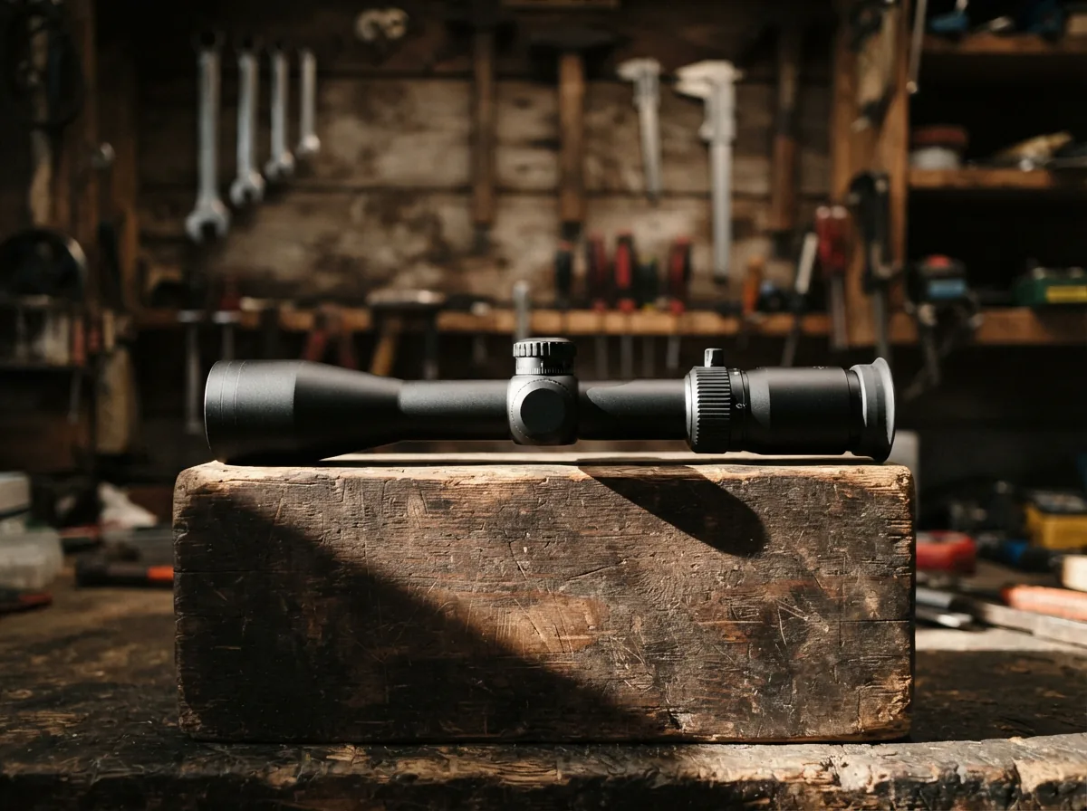 The Simmons Pro Rimfire 4x32mm Riflescope prominently displayed on a wooden block.
