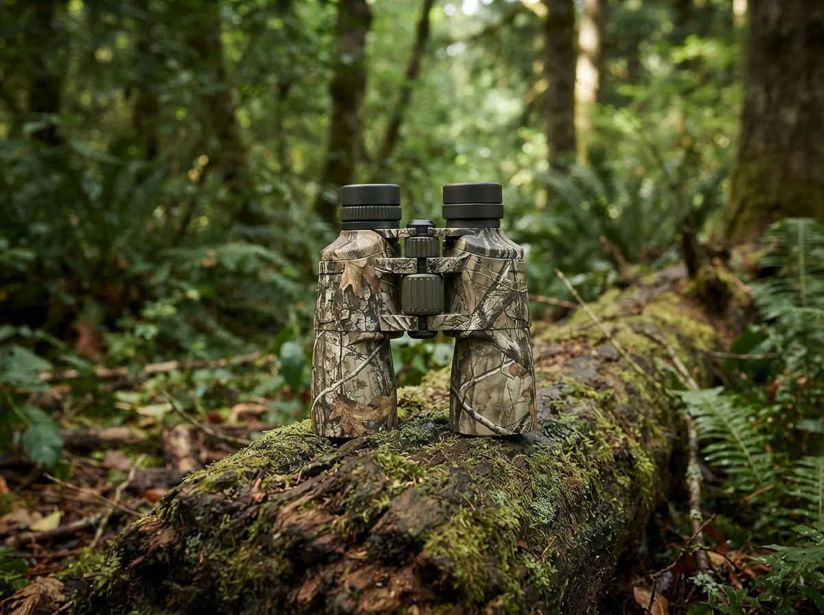 The Simmons ProSport Porro Prism Binocular in Realtree AP Camo shown in a forest setting.