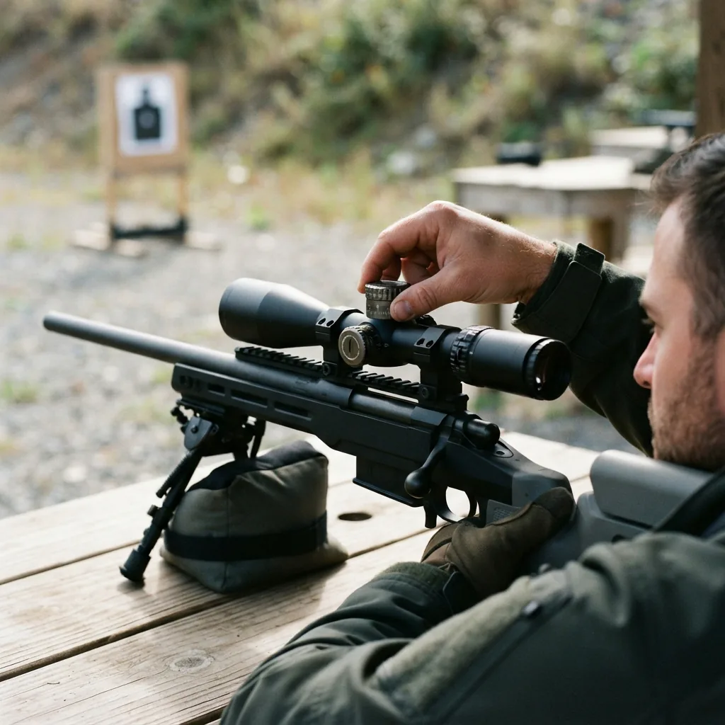 A shooter at a range adjusting the exposed target turret on the Simmons ProTarget riflescope after firing a group.