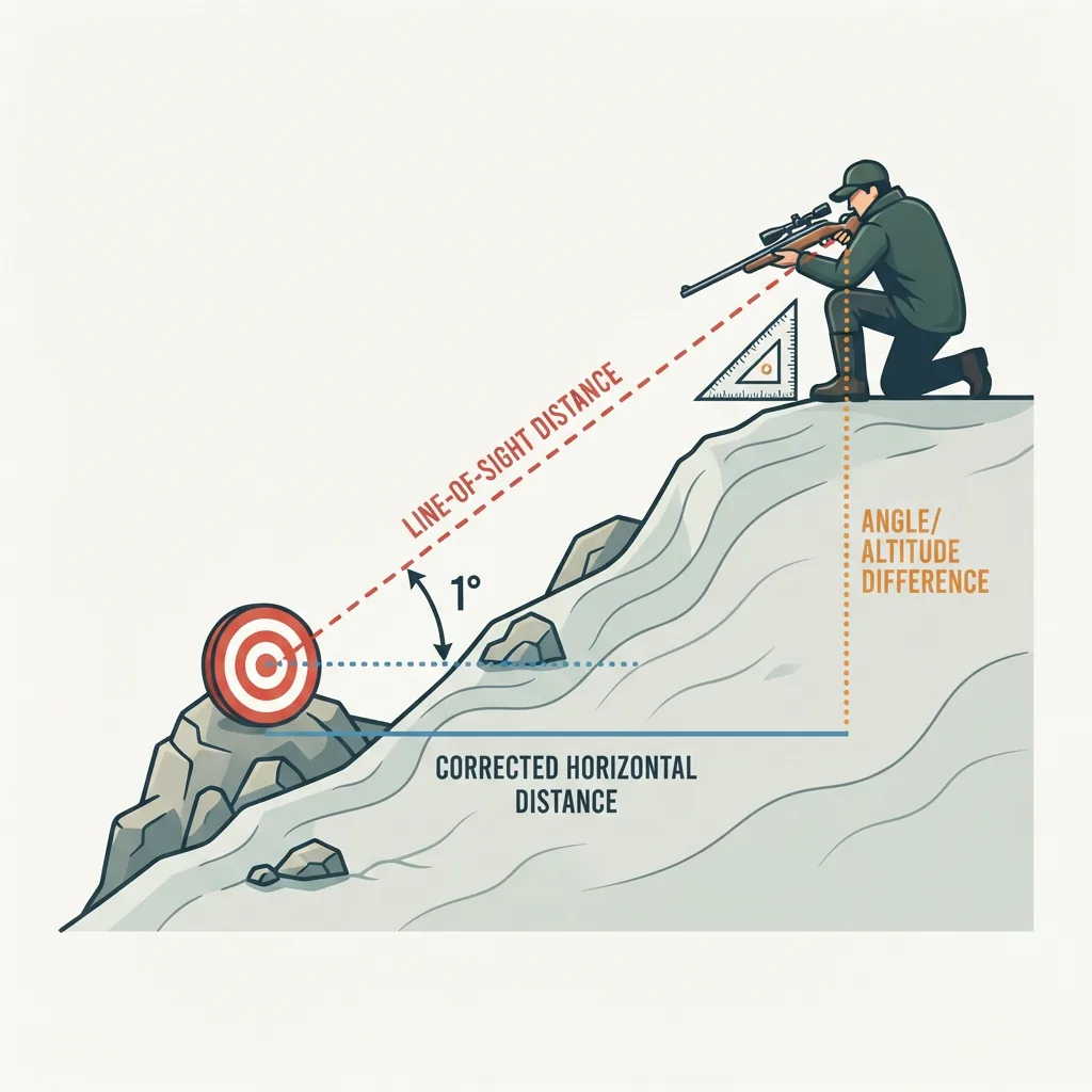 Diagram showing the angle of a shot and the corrected horizontal distance.