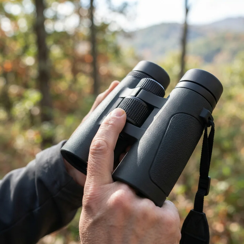 A finger turning the center focus wheel on the Simmons Pro Hunter binoculars while viewing a landscape.