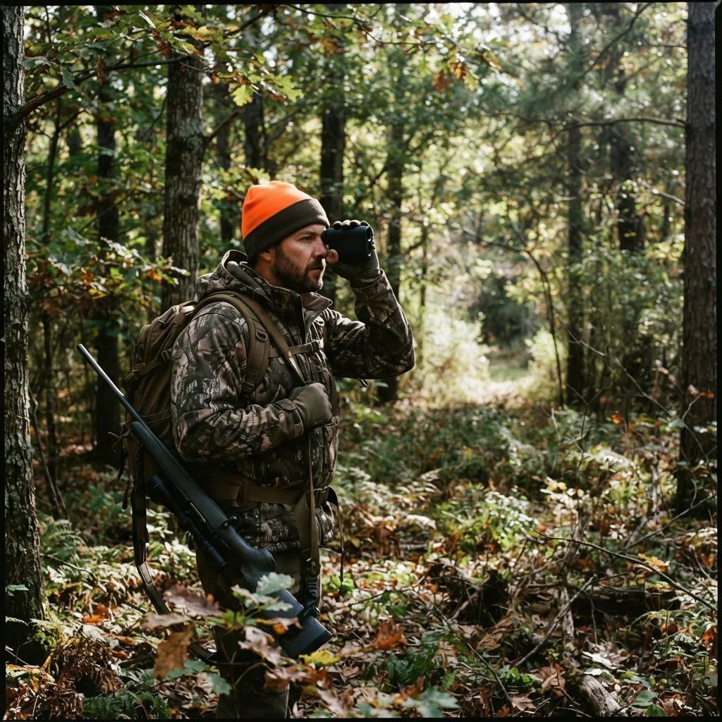 Hunter in a forest setting ranging a target through the trees.