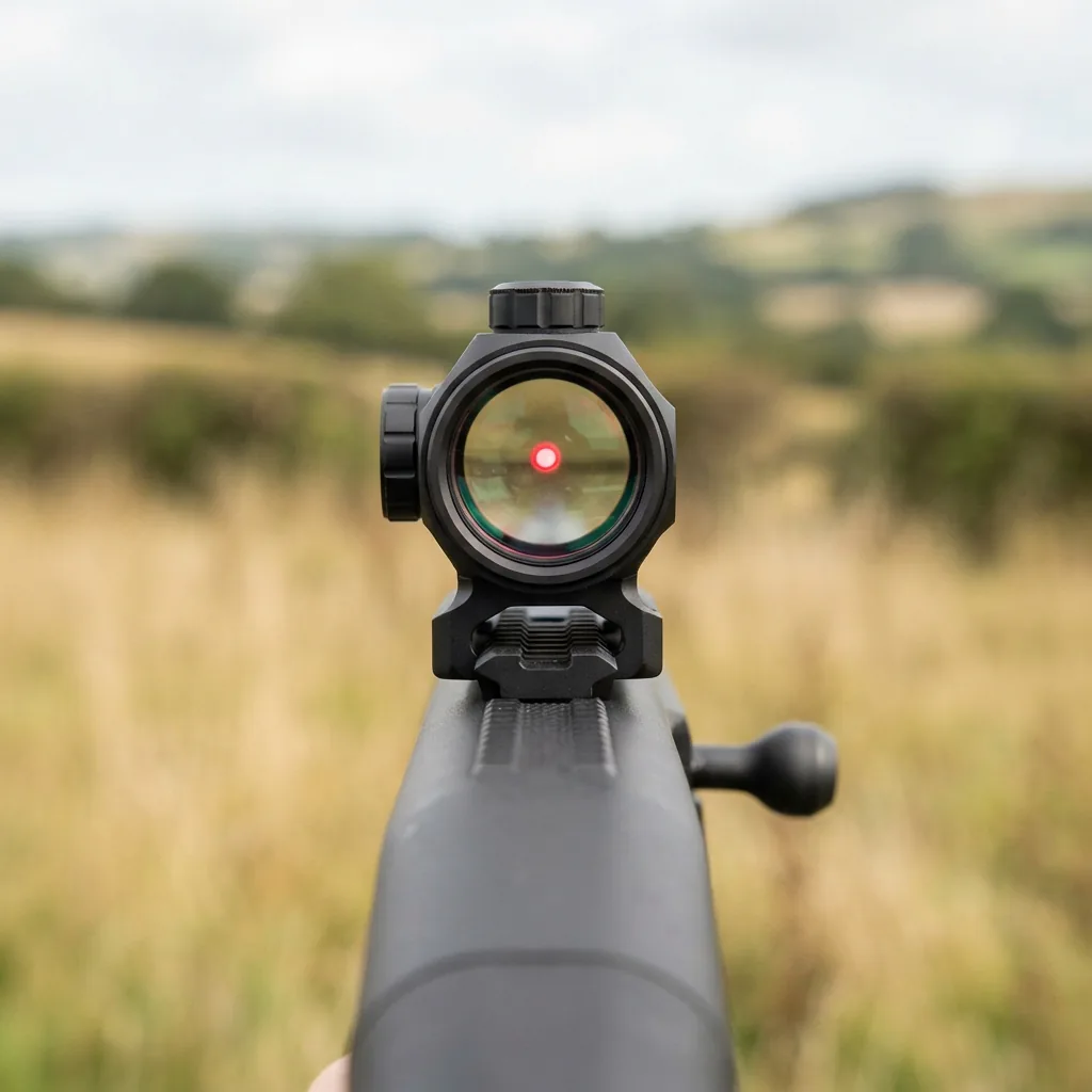 Simmons Pro Target Red Dot Sight 1x30mm mounted on a shotgun, highlighting its wide field of view.