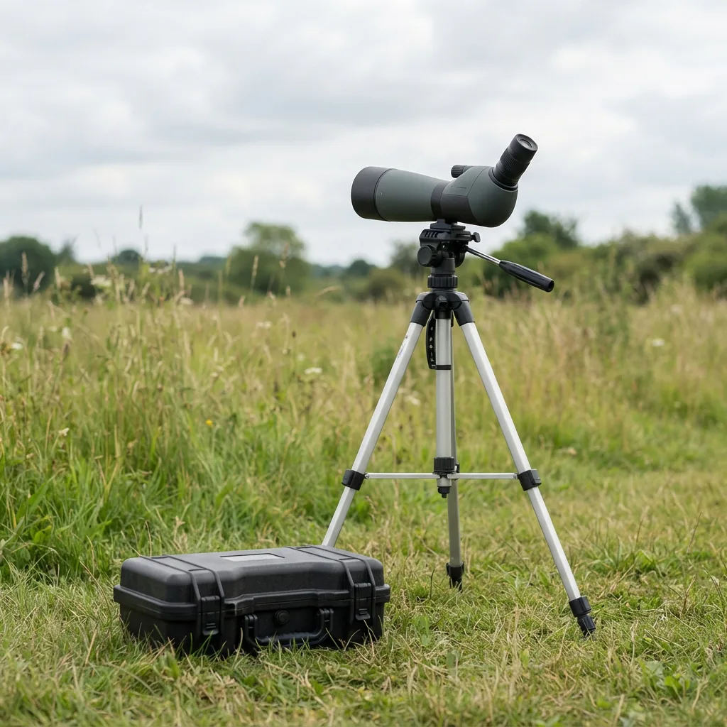 The Simmons Venture 20-60x60 spotting scope set up on a tripod with its hard case nearby in a field setting.