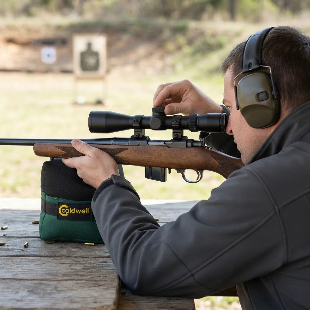 A shooter looking through the Simmons Pro Rimfire scope to adjust windage at the range.