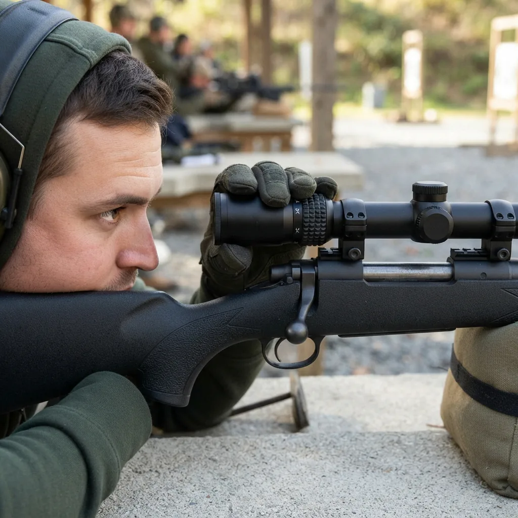 A shooter looking through the mounted Simmons ProTarget scope, adjusting the magnification ring with their hand.
