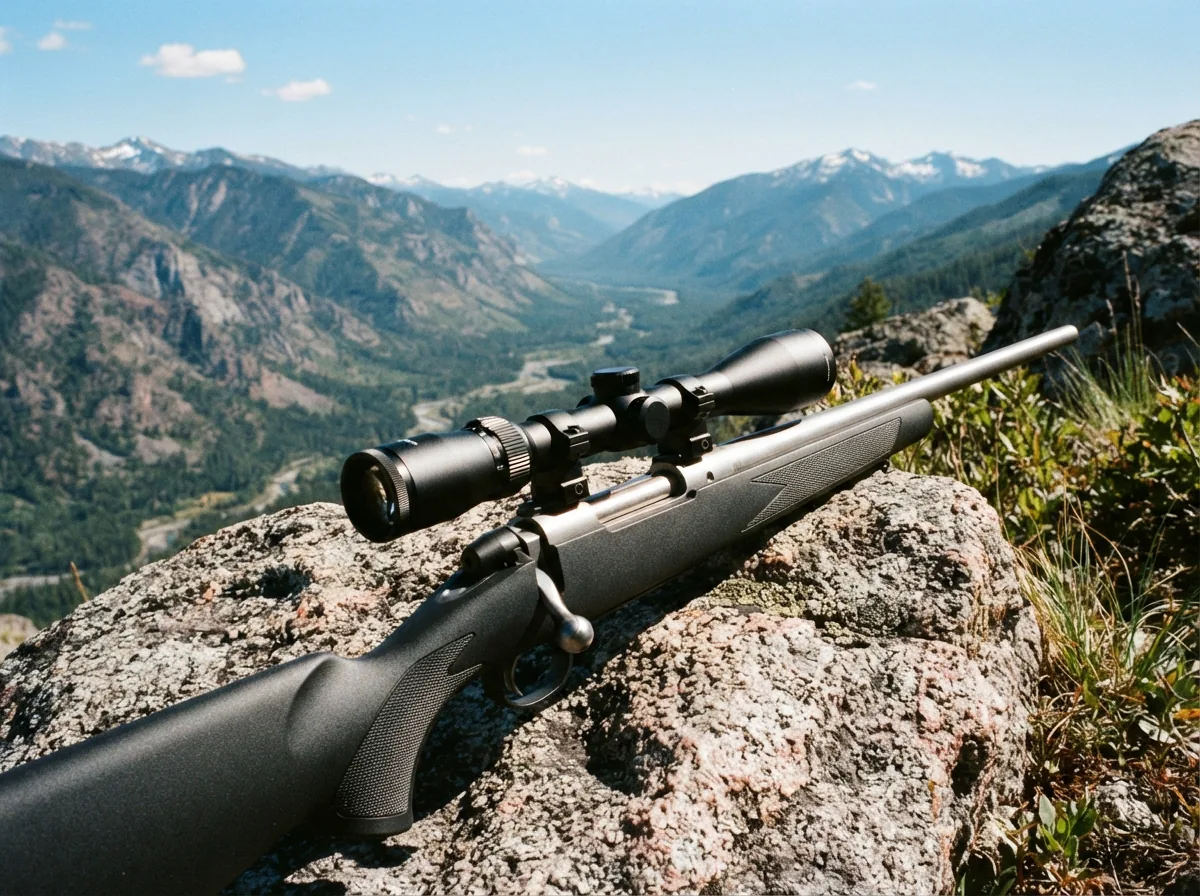Simmons Pro Hunter 4-12x40mm Riflescope featured prominently on a rifle in a mountain setting