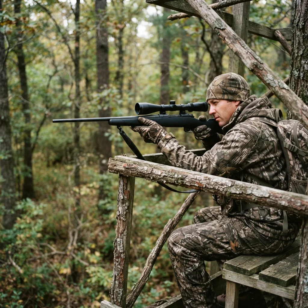 A hunter in camouflage sitting in a tree stand, looking through a riflescope mounted on a rifle