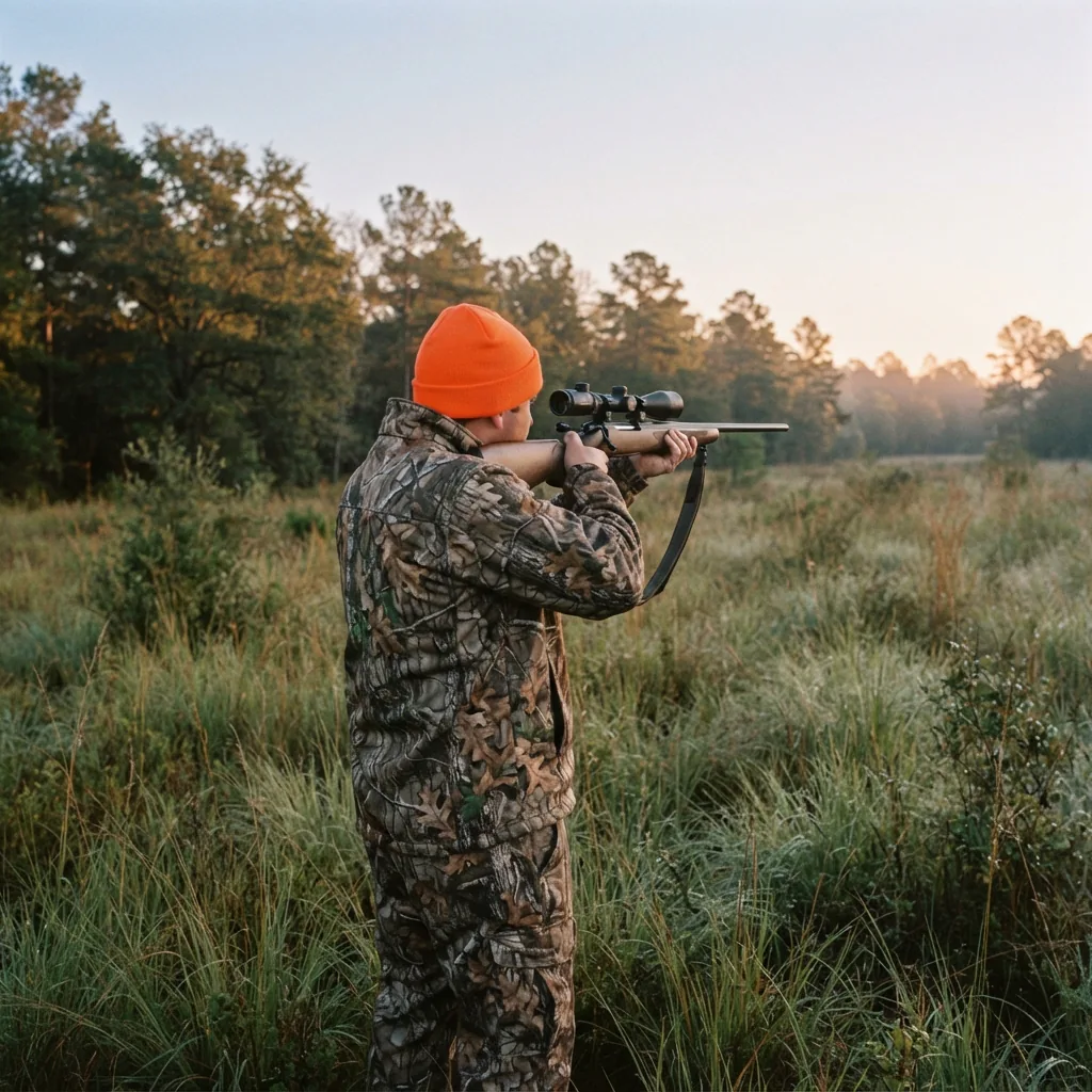 A hunter in a field at dawn, using a rifle with the Simmons 3-9x40 scope to scan for game.
