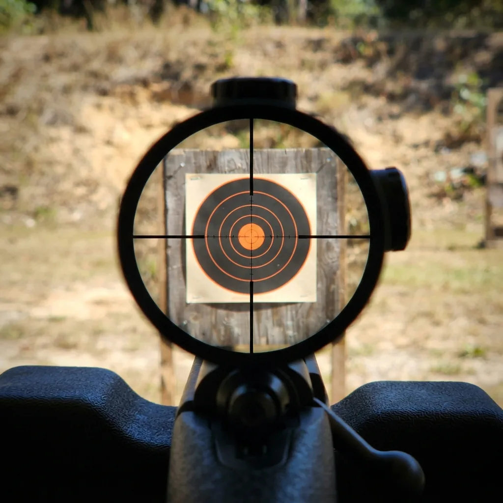 A shooter looking through the mounted Simmons Pro Rimfire scope at a paper target set at 50 yards.