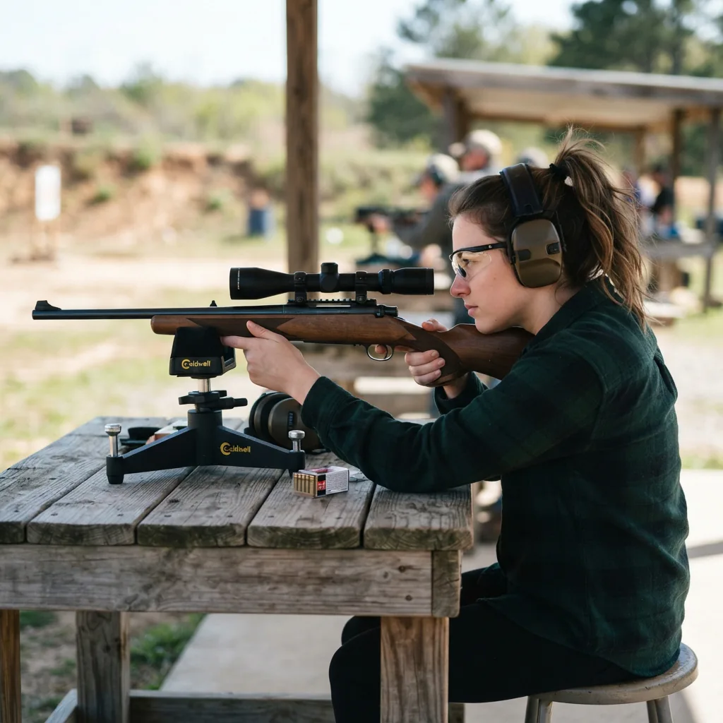 A new shooter at a bench, carefully looking through the Simmons scope mounted on a .22 rifle.