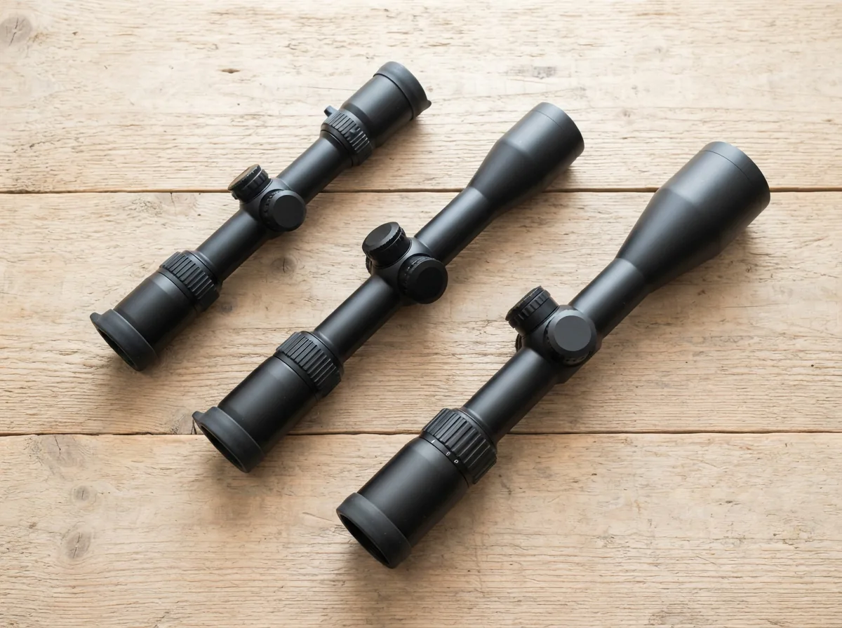 An overhead flat lay showing three different Simmons scopes representing different categories.