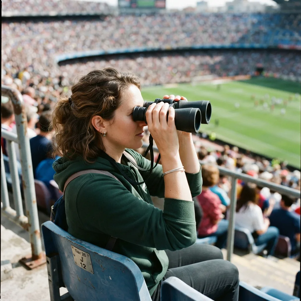 A person in stadium seating using the Simmons 10x50 binoculars to watch a distant game.