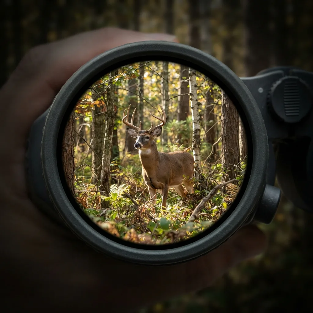 A hunter's perspective looking through binoculars over a wooded valley.