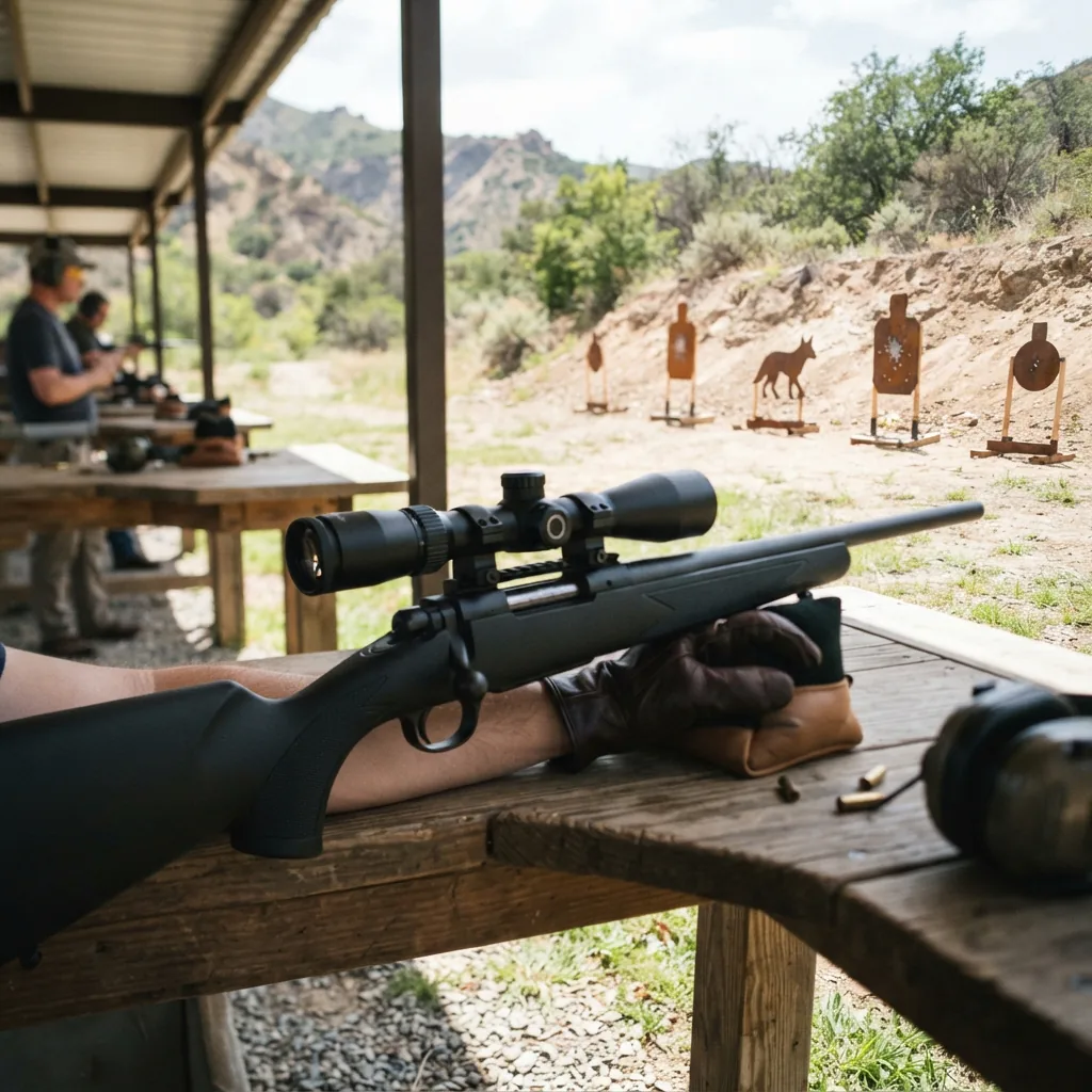 Multiple steel targets set up at an outdoor range, viewed from a shooting position.