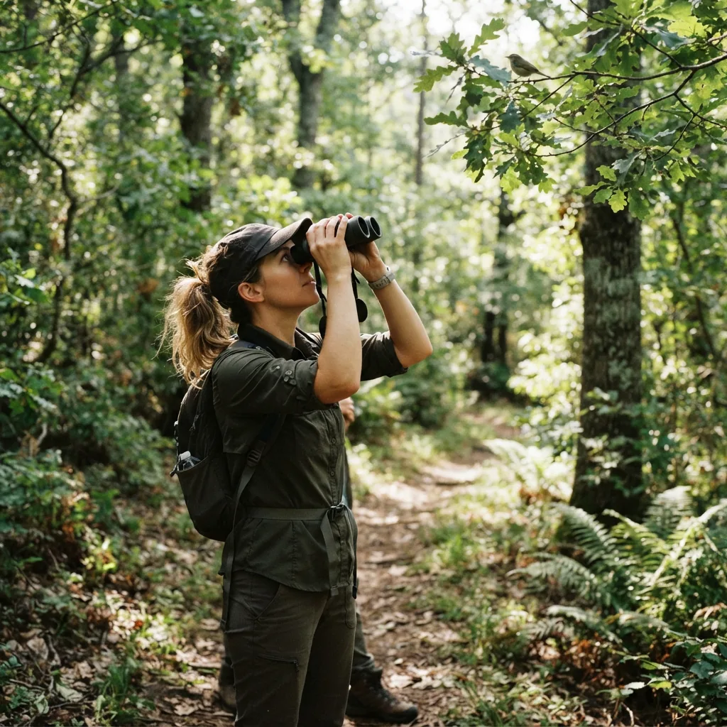 A hiker on a nature trail pauses to look at a bird in a tree with the Simmons 10x50 binoculars.