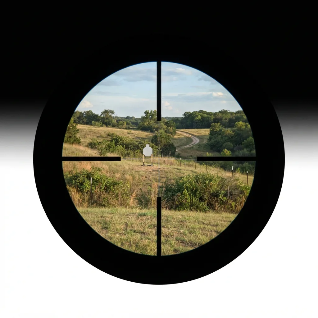 First-person view through the Simmons Pro Hunter scope, showing a clear, focused reticle on a target.