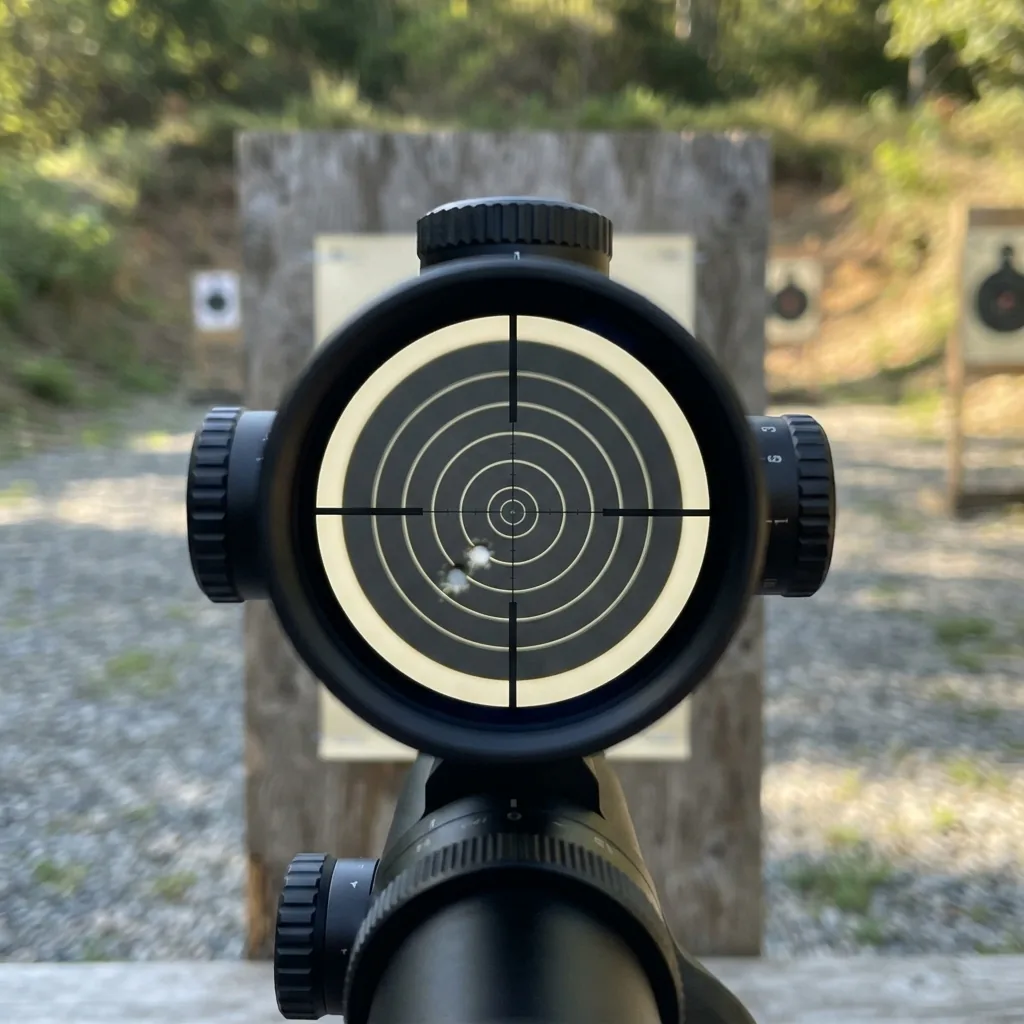 A view through the Simmons Pro Hunter scope showing the Truplex reticle centered on a paper target.