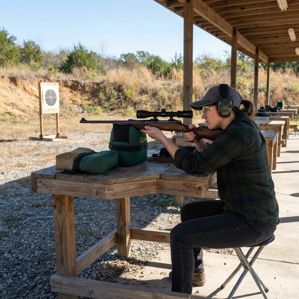 A person shooting a .22 Magnum rifle at an outdoor range with the Simmons scope.