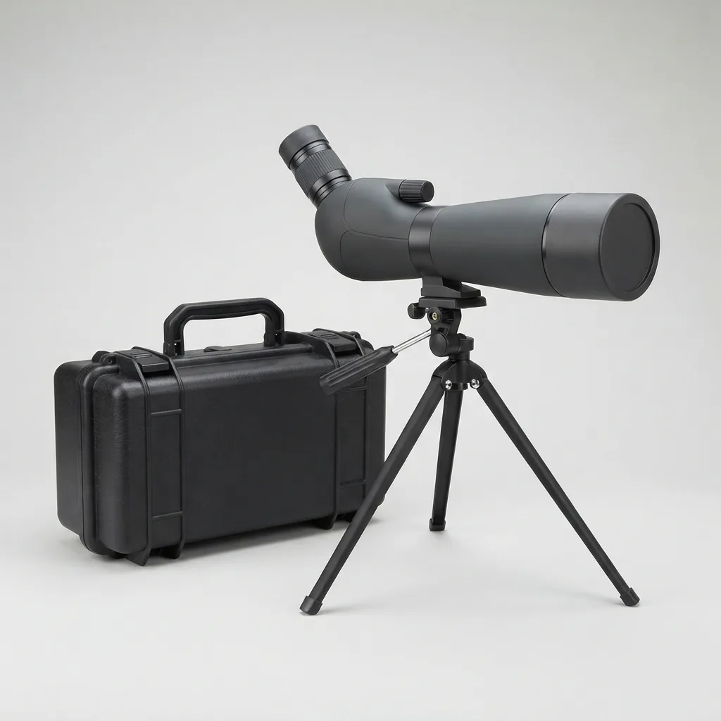A Simmons 20-60x60mm spotting scope with tripod and hard case shown on a neutral studio background.