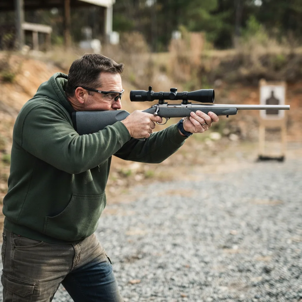 A shooter using a two-handed grip to aim a scoped handgun at a target on an outdoor range