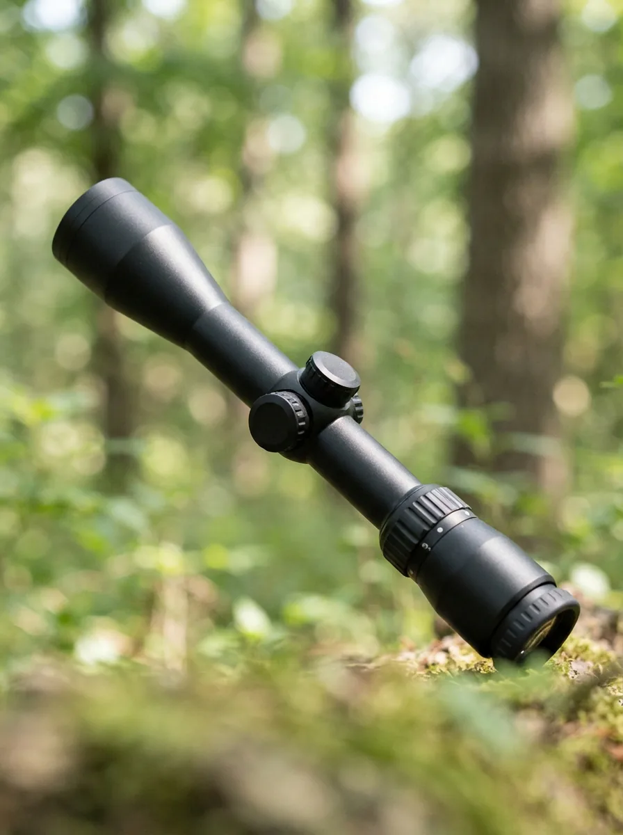 The Simmons Pro Rimfire 3-9x32mm riflescope, shown as the primary subject against a soft-focus outdoor backdrop.