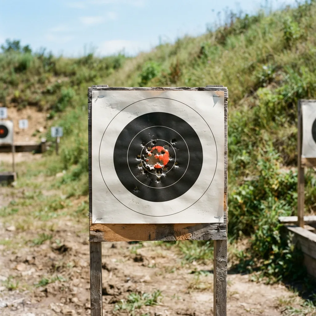 A paper target with a tight shot group at an outdoor shooting range.