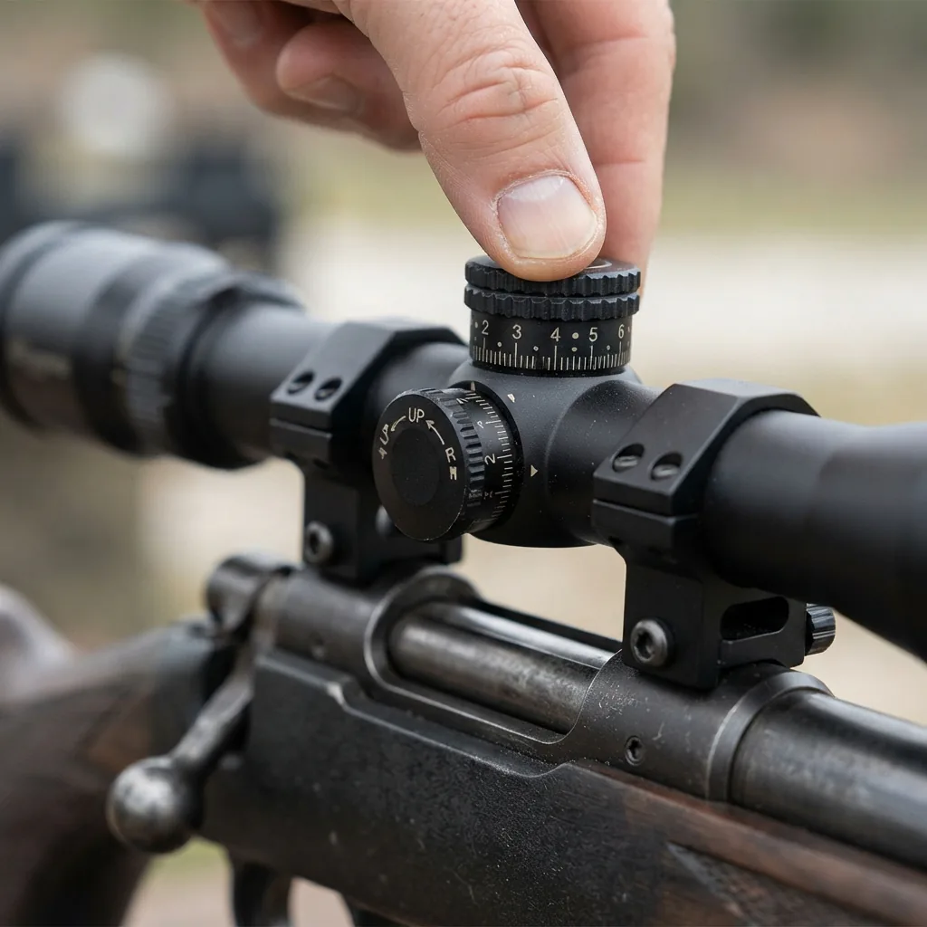 A close-up view of the windage and elevation adjustment turrets on the Simmons Pro Rimfire Riflescope.