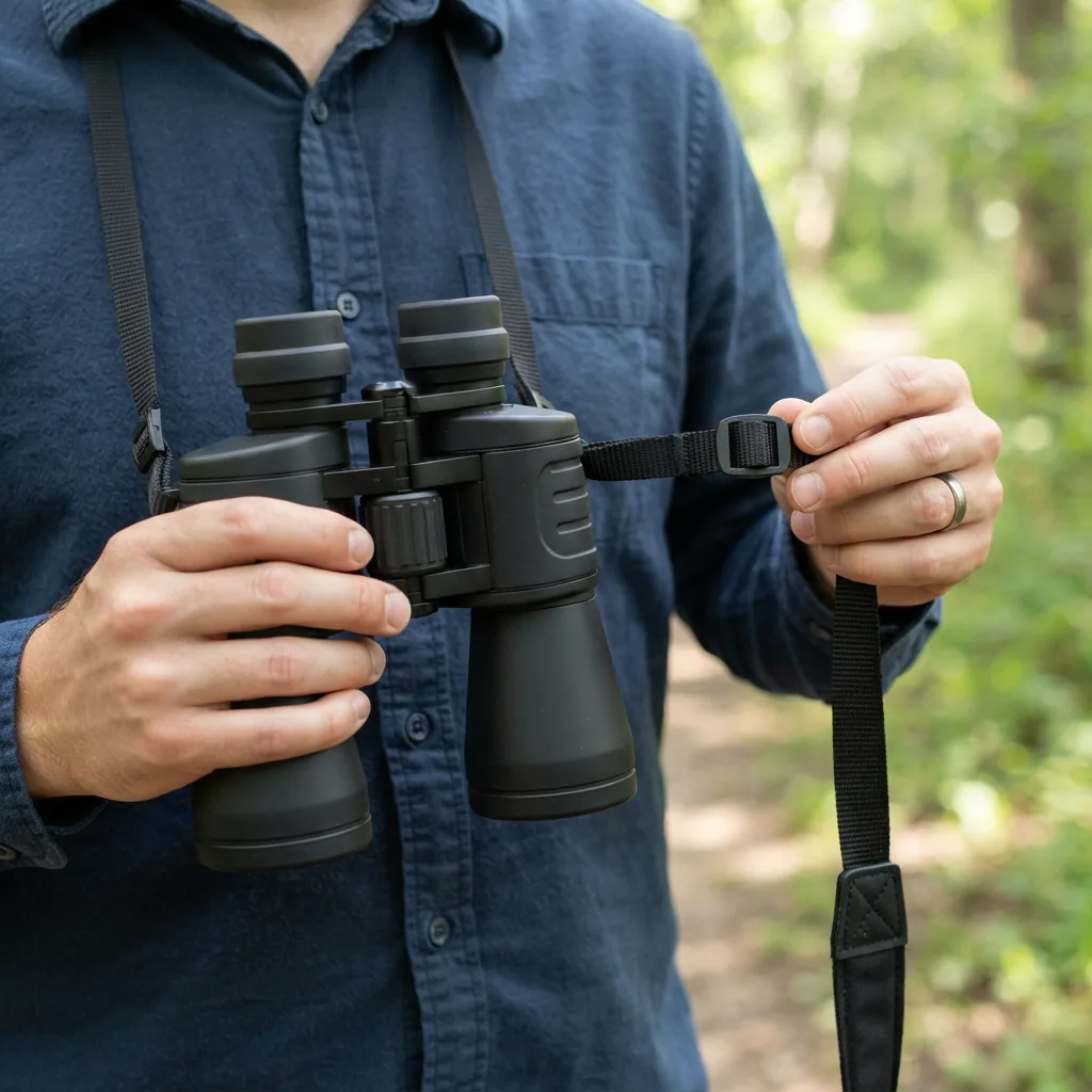 A person adjusting the neck strap of the Simmons 10x50 binoculars before placing them around their neck.