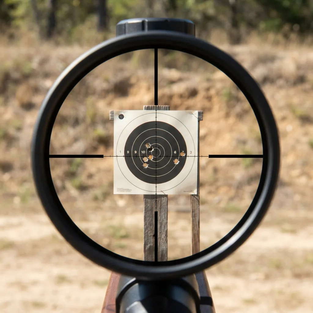 View through the Simmons Pro Hunter scope with the crosshairs on a paper target, showing a group of bullet holes.
