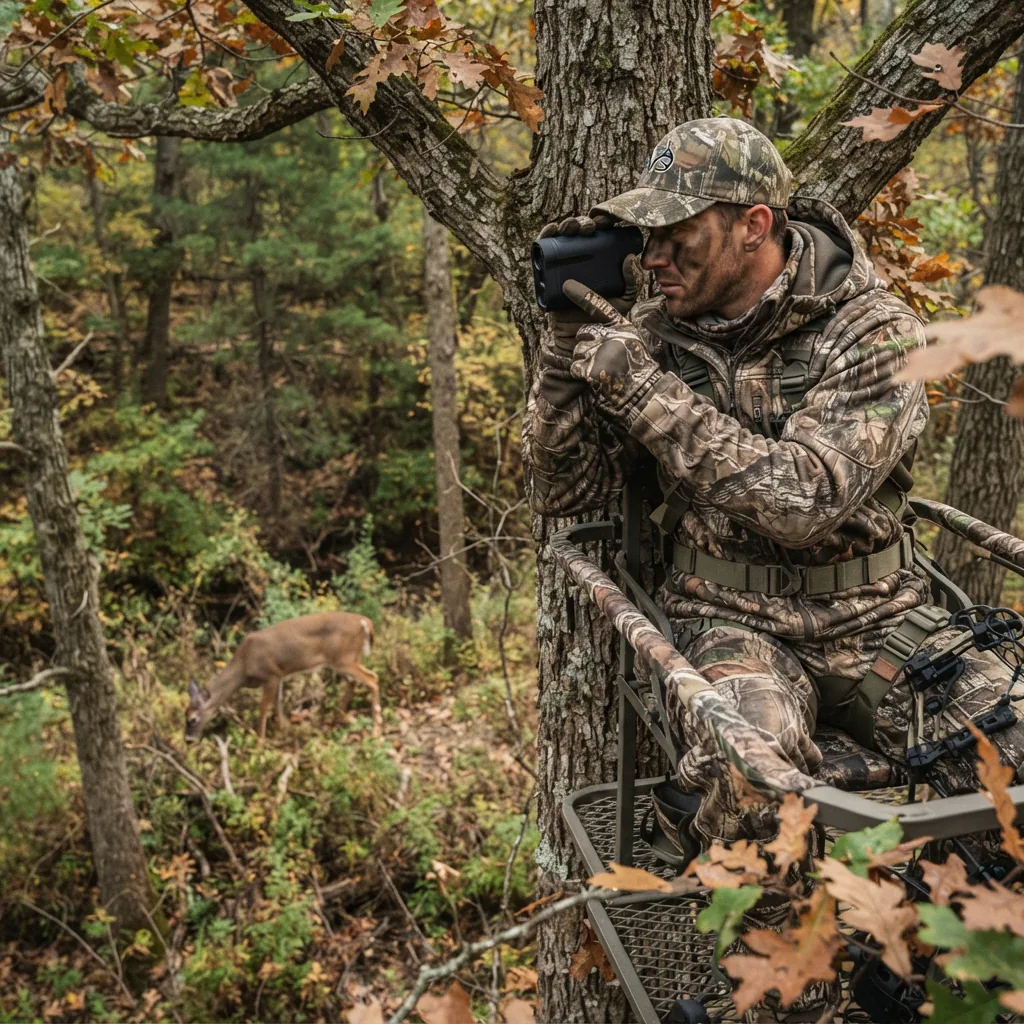 A hunter in a tree stand using the rangefinder to measure distance to a deer below.