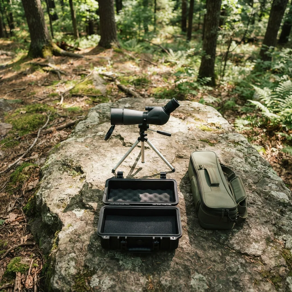 A spotting scope kit laid out on a rock, including a compact tripod and both hard and soft carrying cases.