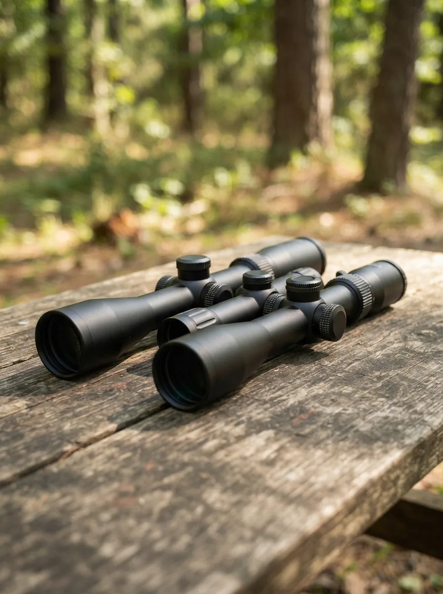 A collection of Simmons 4-12x40mm riflescopes displayed on a rustic wooden bench with a blurred forest background.