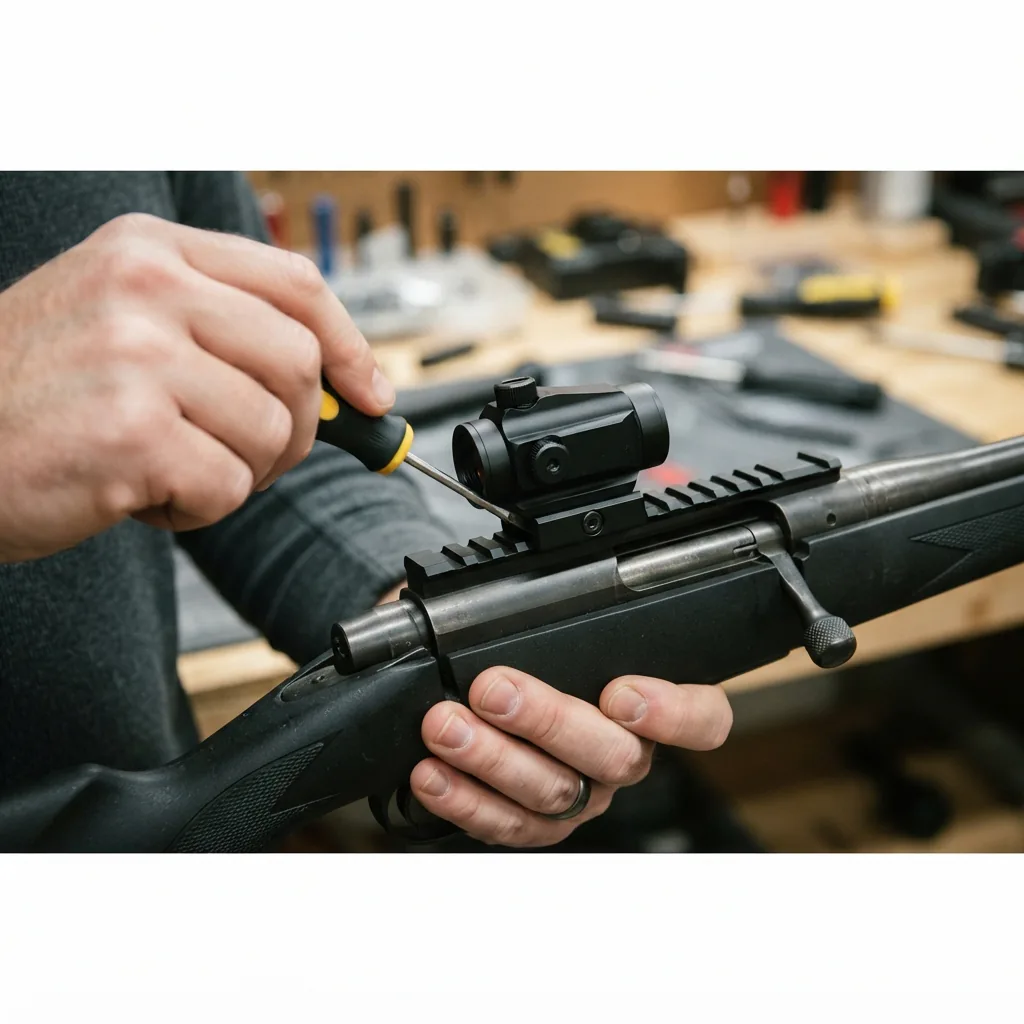 A person attaching the Simmons red dot sight to a rifle's Weaver rail using a screwdriver.